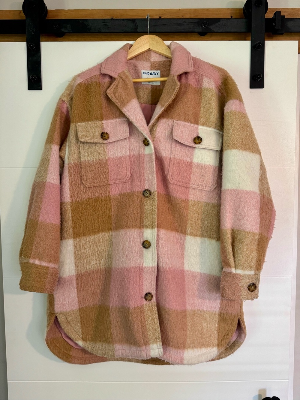 Old Navy Pink, Brown & Cream Plaid Teddy Shacket